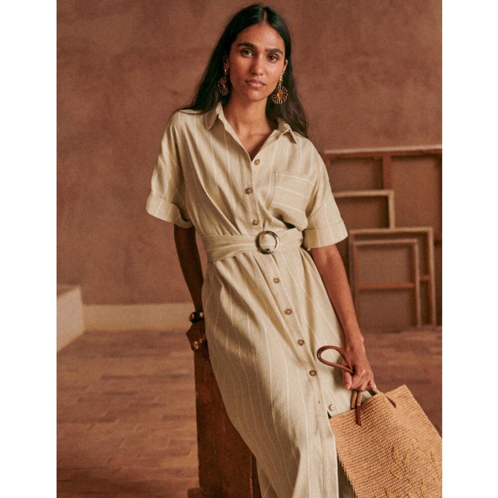 Sézane Women's Beige Alani Linen Blend Stripe Midi Shirt Dress Size 34